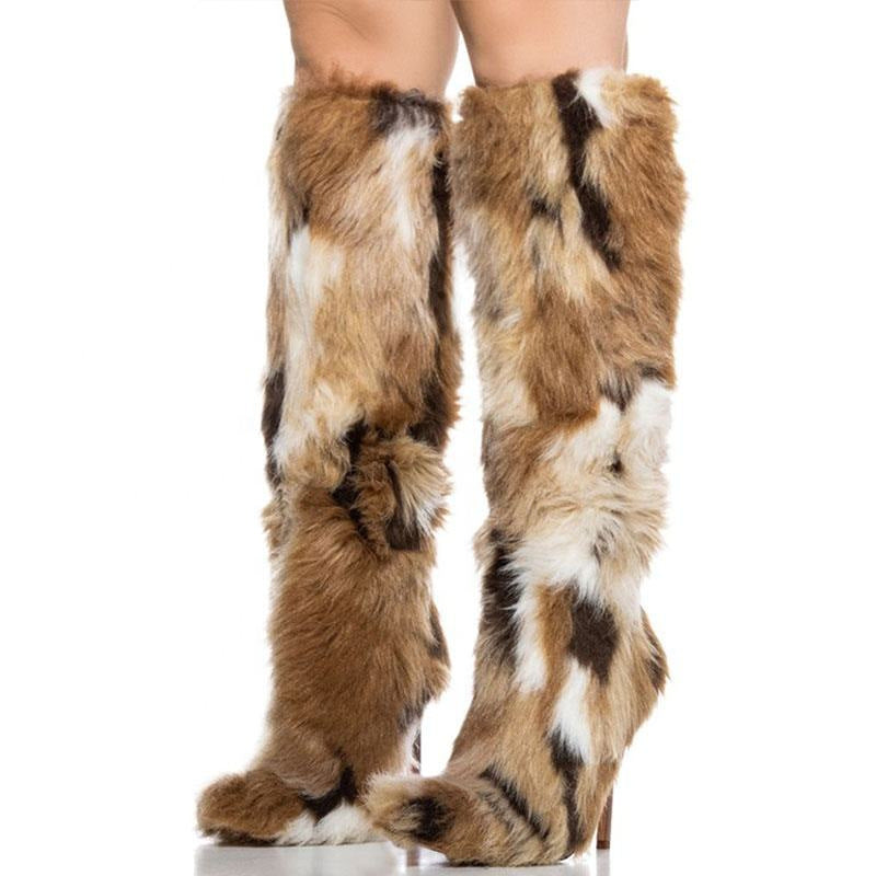 Faux Fur Colorblock Brown/White/Black Faux Fur Pattern Stiletto Heel Women's Knee-High Boots