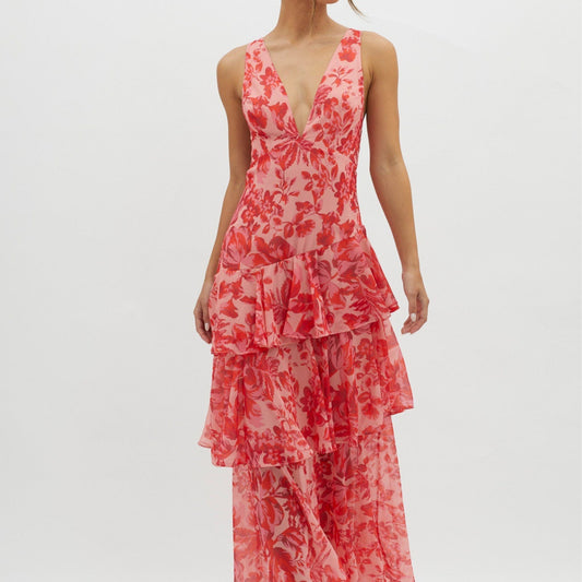Tiered Sleeveless Floral Print Backless Multi-Layer V-Neck Maxi Dress