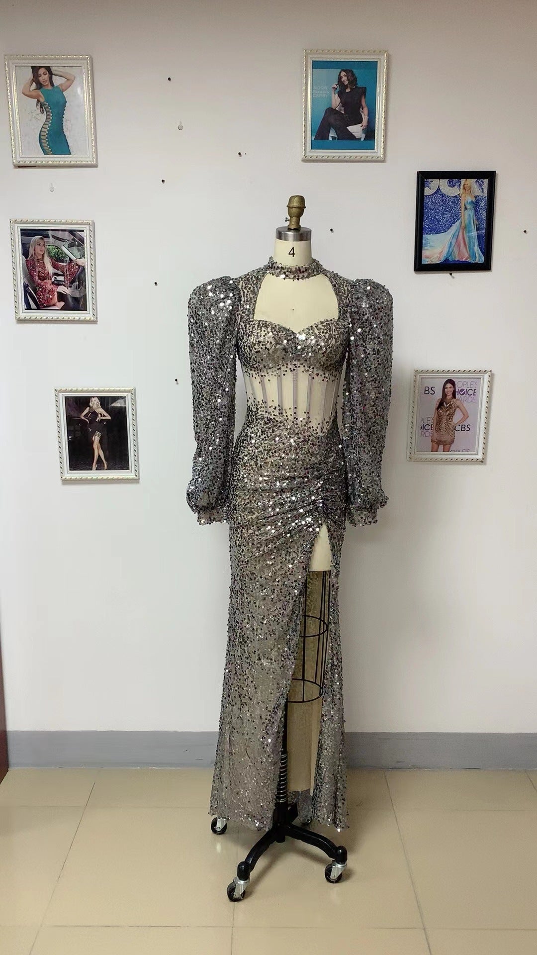 Metallic Crystal Rhinestone Corset Design Sheer Long Puff Sleeve Ruched Formal Maxi Party Dress