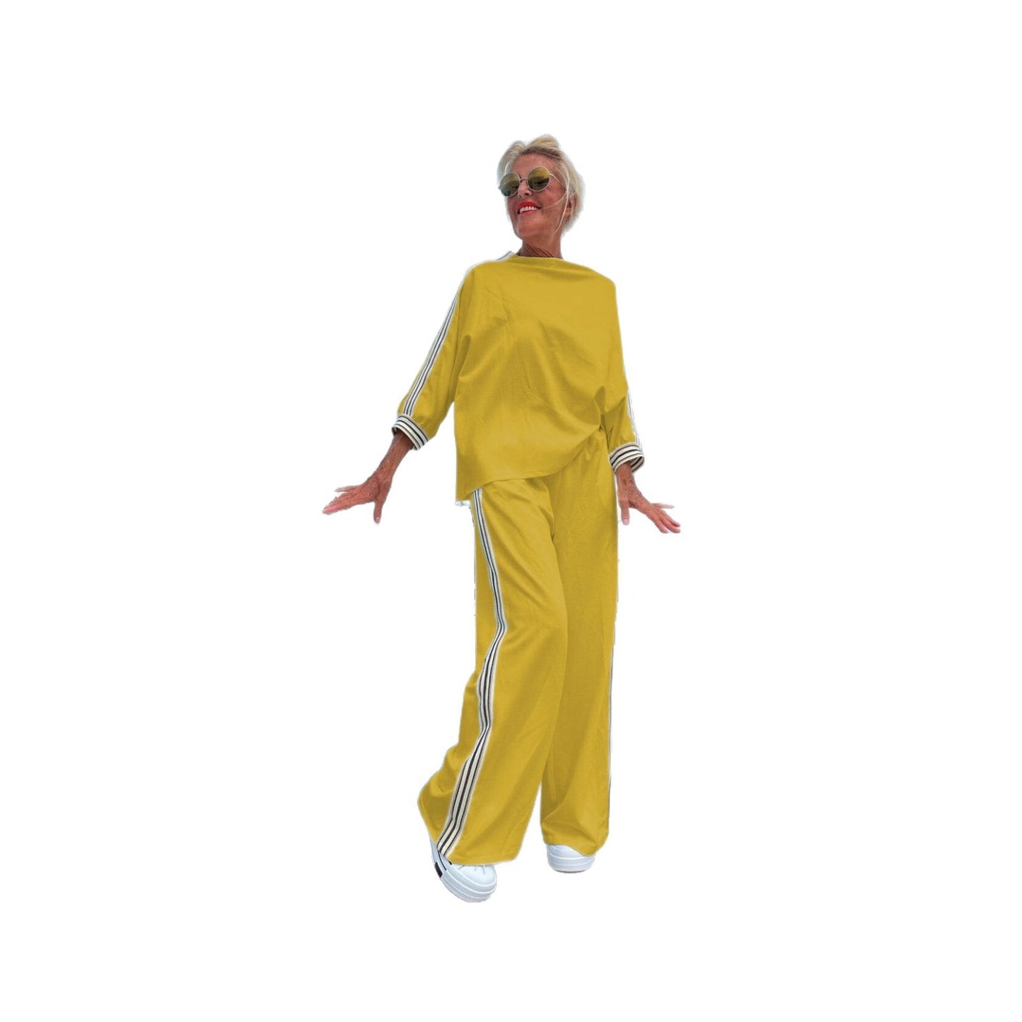 Side Striped Oversized Loose Long Sleeve Sports Shirt + Baggy Sweatpants 2-Piece Set to 3X Plus Size