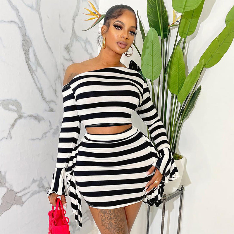 Black/White Off-the-Shoulder Striped Long Sleeve Crop Top + Mini Skirt Women's 2-Piece Set