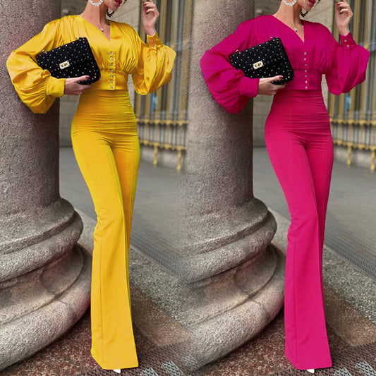Satin Ruched Pleated Button-Up Balloon Sleeve Deep V-Neck Blouse + Wide Leg Pants 2-Piece Set