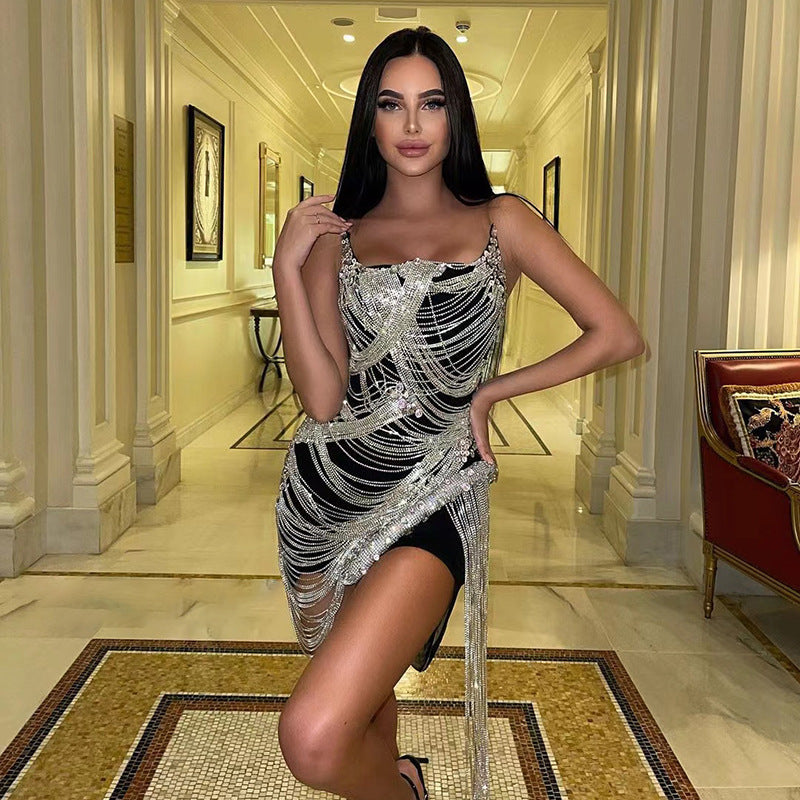 Crystal Metallic Tassel Fringe Design Spaghetti Strap Mini Formal Party Dress