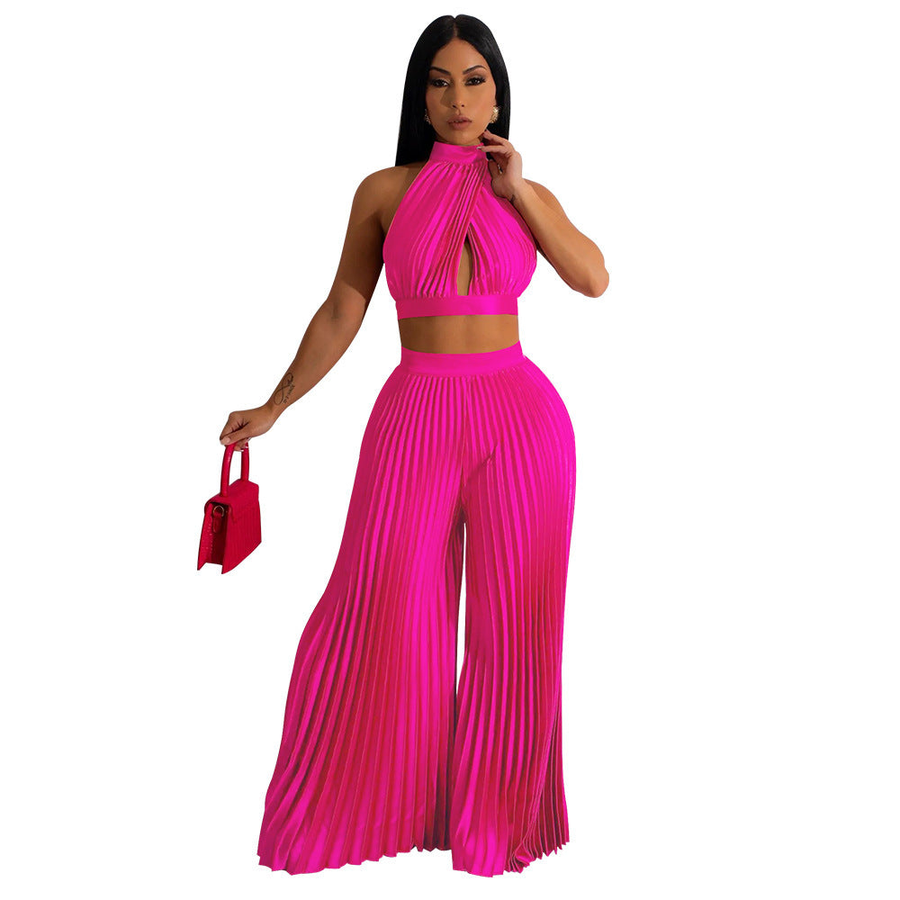 Pleated Women's Halter Silky Crop Top + Elastic Waist Wide Leg Pants 2-Piece Set