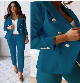Double Breasted Button-Up Women's Blazer Jacket + Skinny Trouser Pants Women's Office Business Suit