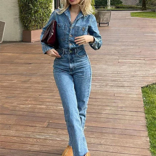 Denim Faded Blue Turn-Down Collar Button-Up Long Sleeve Straight Leg Jeans Jumpsuit