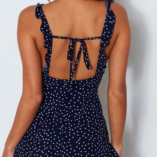 Polka Dot Print Lace-Up Back V-Neck Spaghetti Strap Mini Beach Sundress