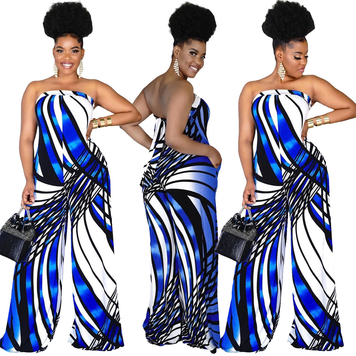 Sleeveless Geometric Print Tube Top Wide Leg Jumpsuit