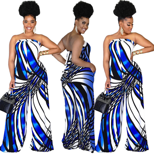 Sleeveless Geometric Print Tube Top Wide Leg Jumpsuit