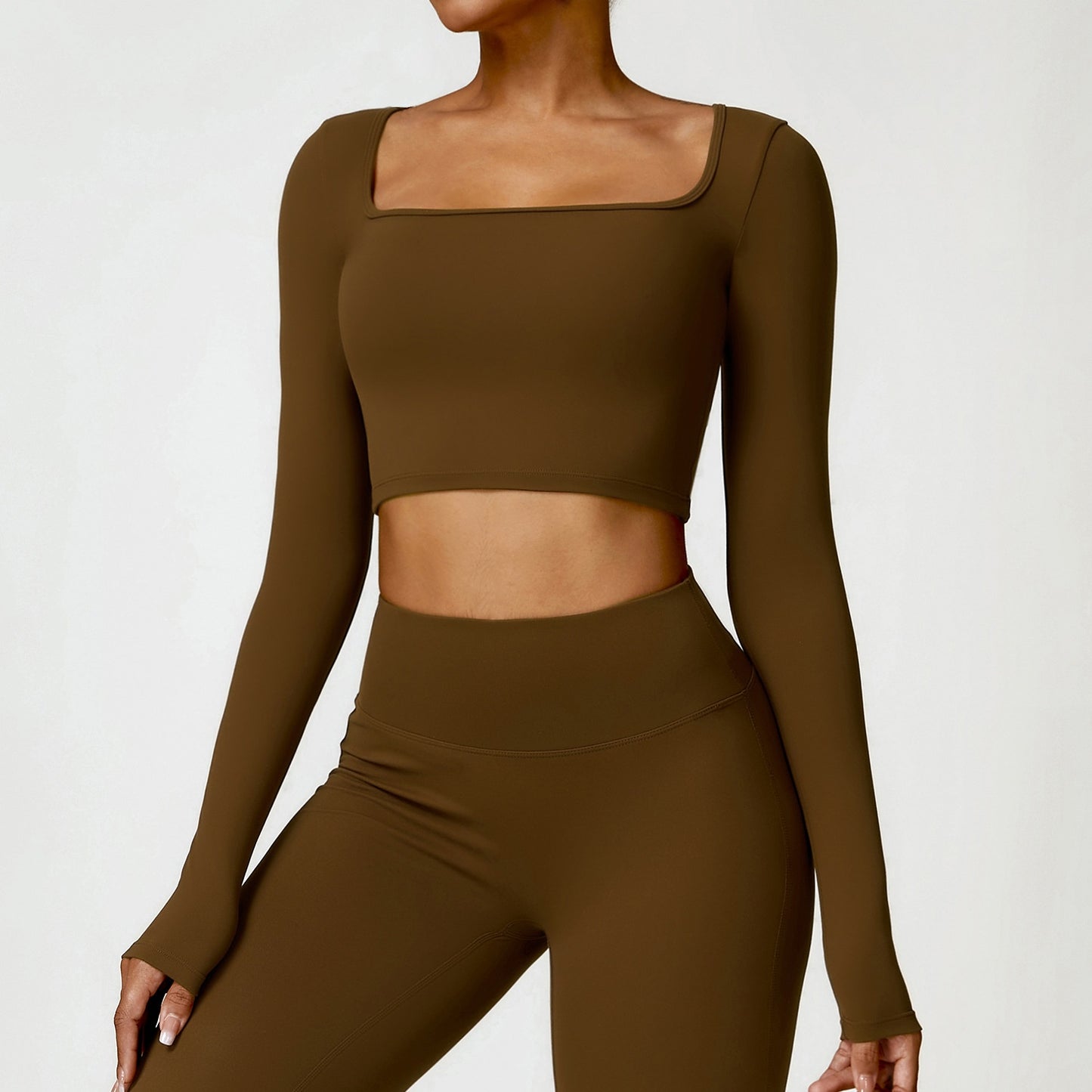 Fitness Long Sleeve Solid Color Workout Crop Top + Leggings Women's 2-Piece Gym Set