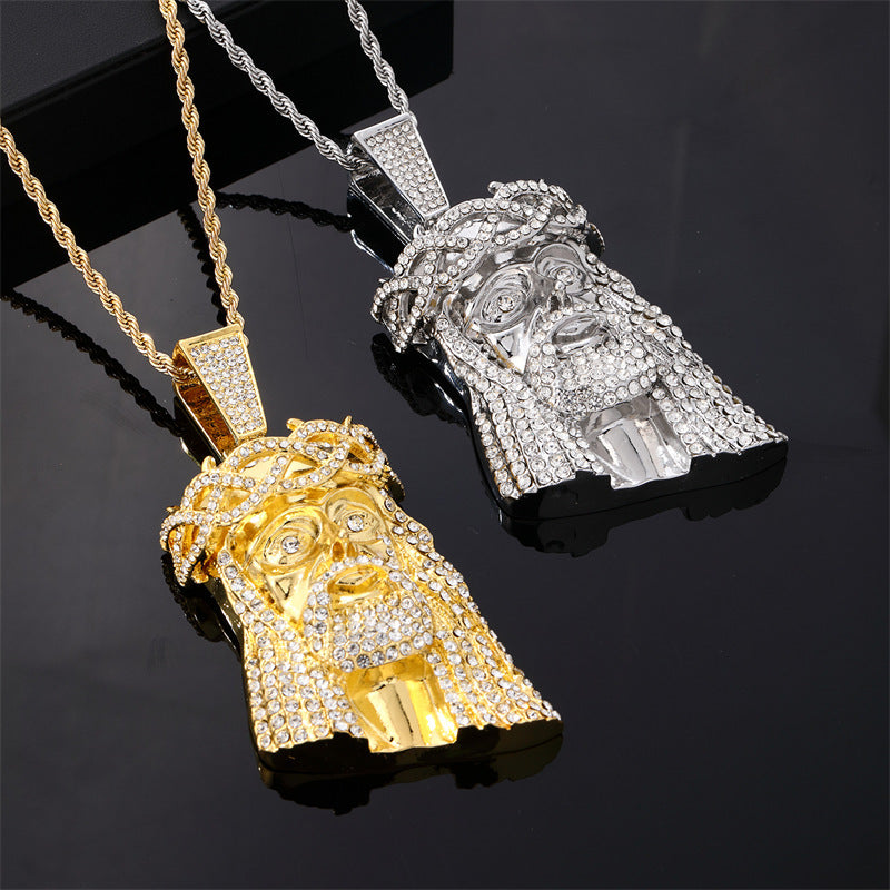 Jesus Piece Hip-Hop Iced Cubic Zirconia Gold Plated Pendant Micro Inlaid Rope Chain Necklace