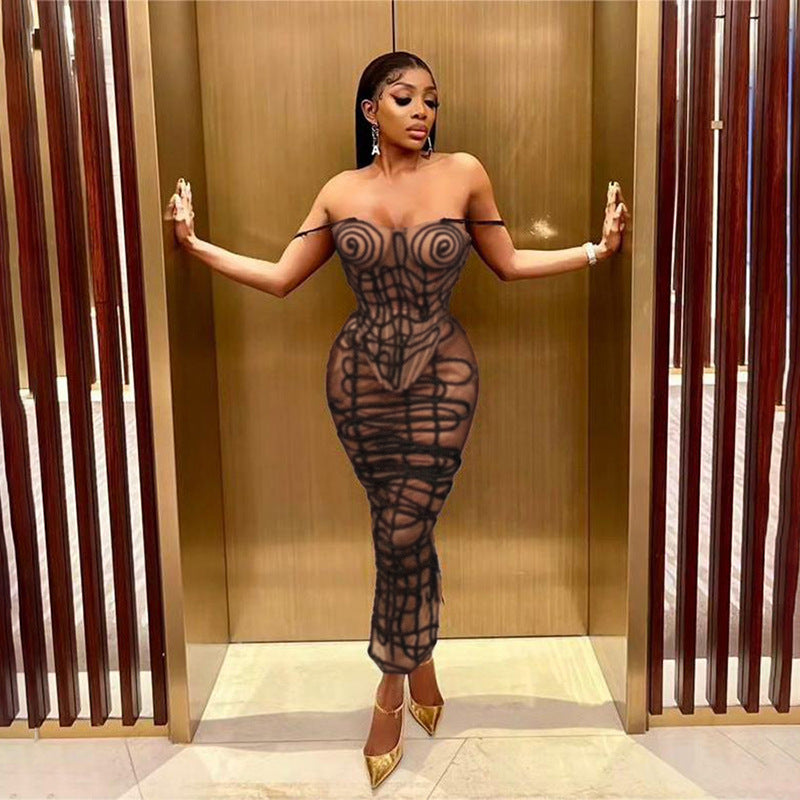 Abstract Striped Design Sheer Transparent Bustier Crop Tank Top + Maxi Skirt 2-Piece Set