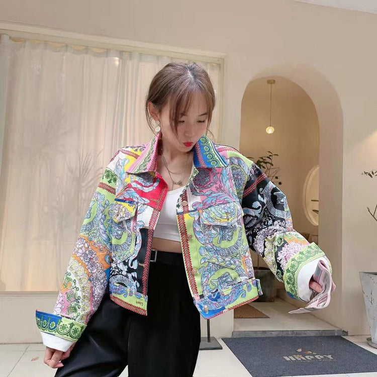 Denim Abstract Floral Baroque Print Women's Long Sleeve Turn-Down Collar Jean Jacket