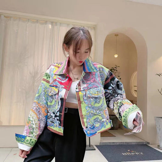 Denim Abstract Floral Baroque Print Women's Long Sleeve Turn-Down Collar Jean Jacket