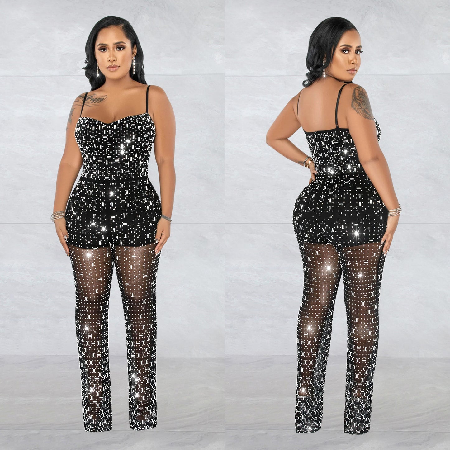 Hot Drill Transparent Sheer Rhinestone Mesh Camisole Sleeveless Spaghetti Strap Women's Jumpsuit