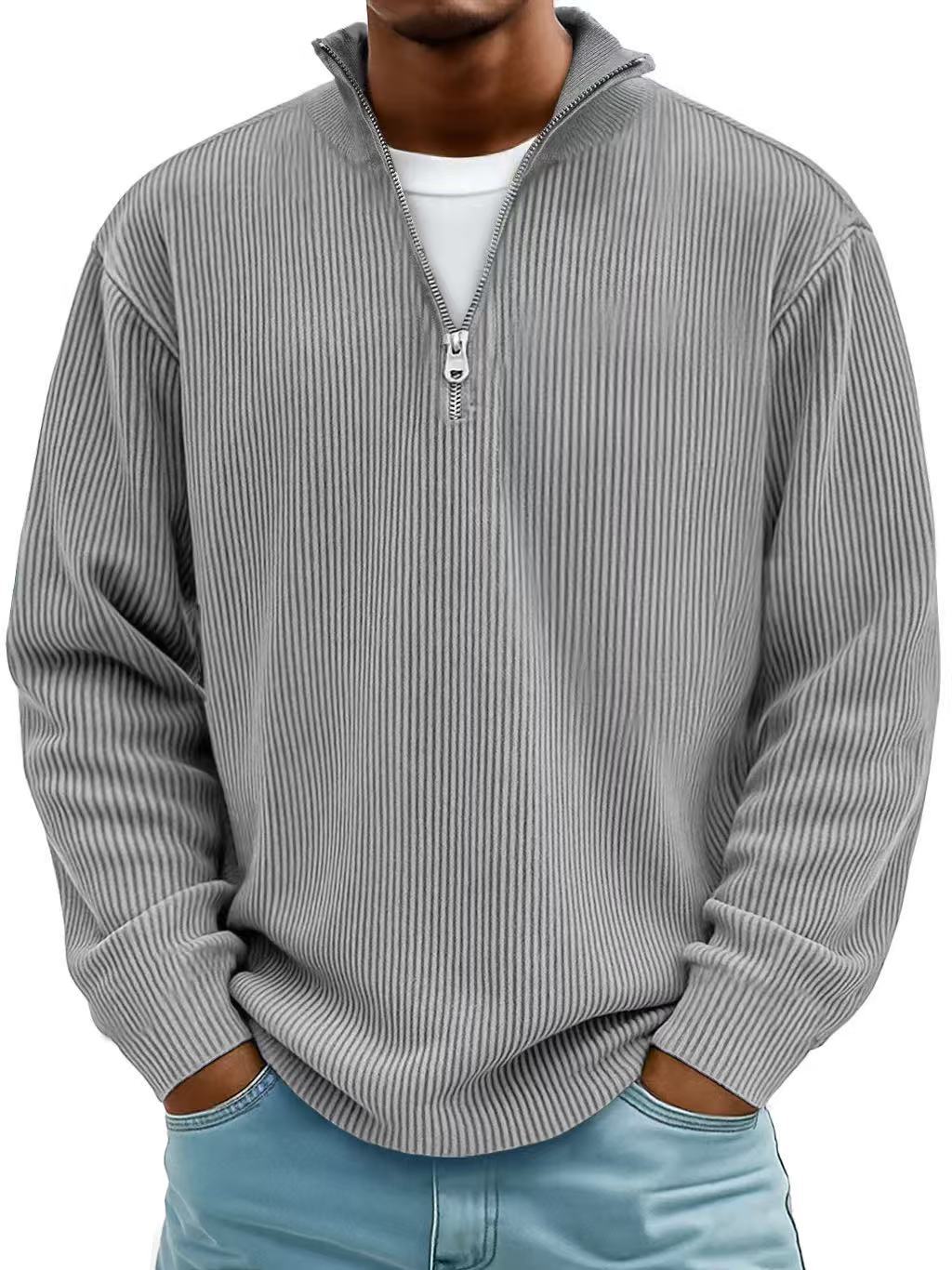 Men's Corduroy Stand Collar Solid Color Long Sleeve Quarter Zip Sweatshirt