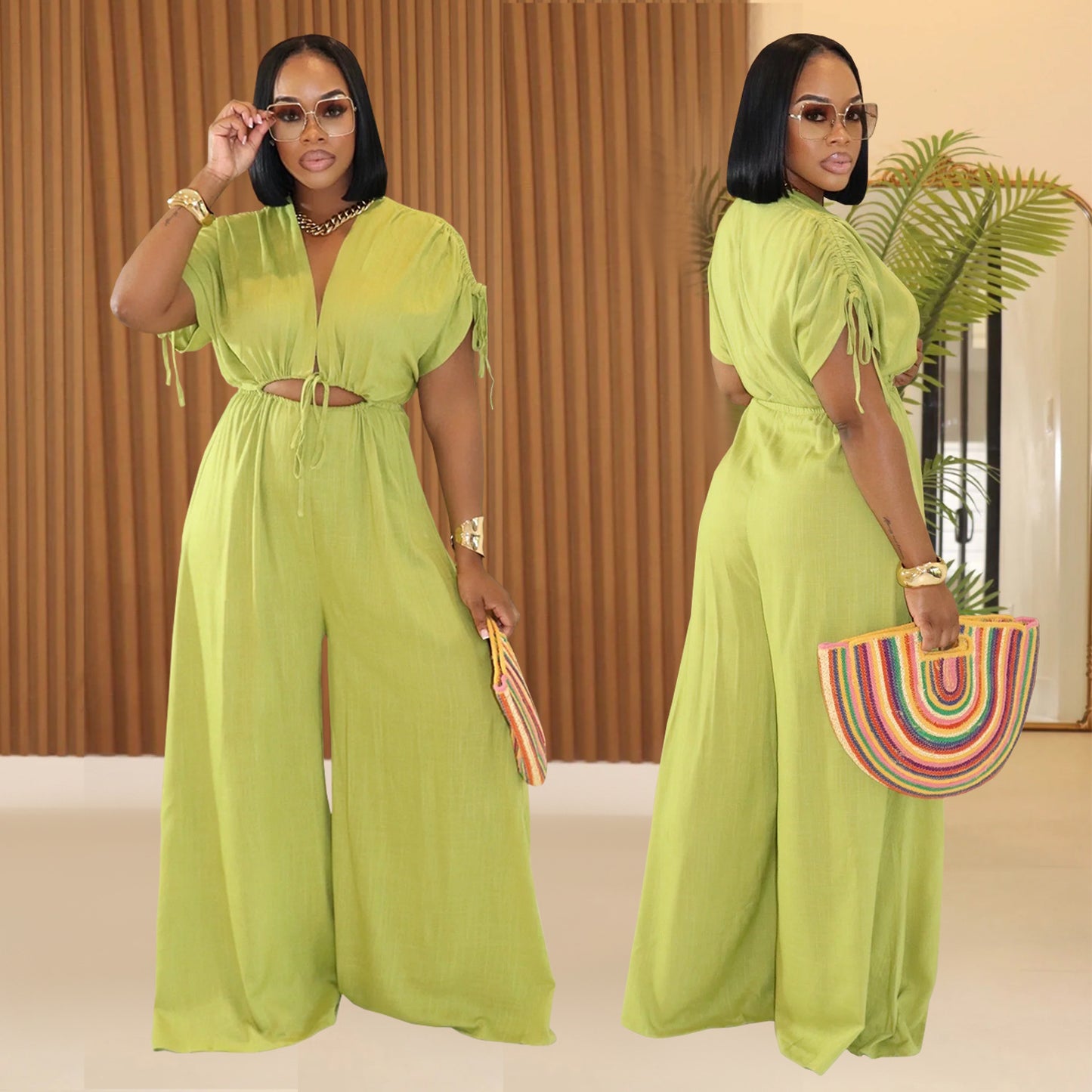 Drawstring V-Neck Solid Color Women's Casual Lace-Up Elastic Waist Wide Leg Jumpsuit