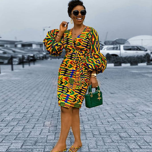African Daishiki Print Long Puff Sleeve V-Neck Belted Midi Dress