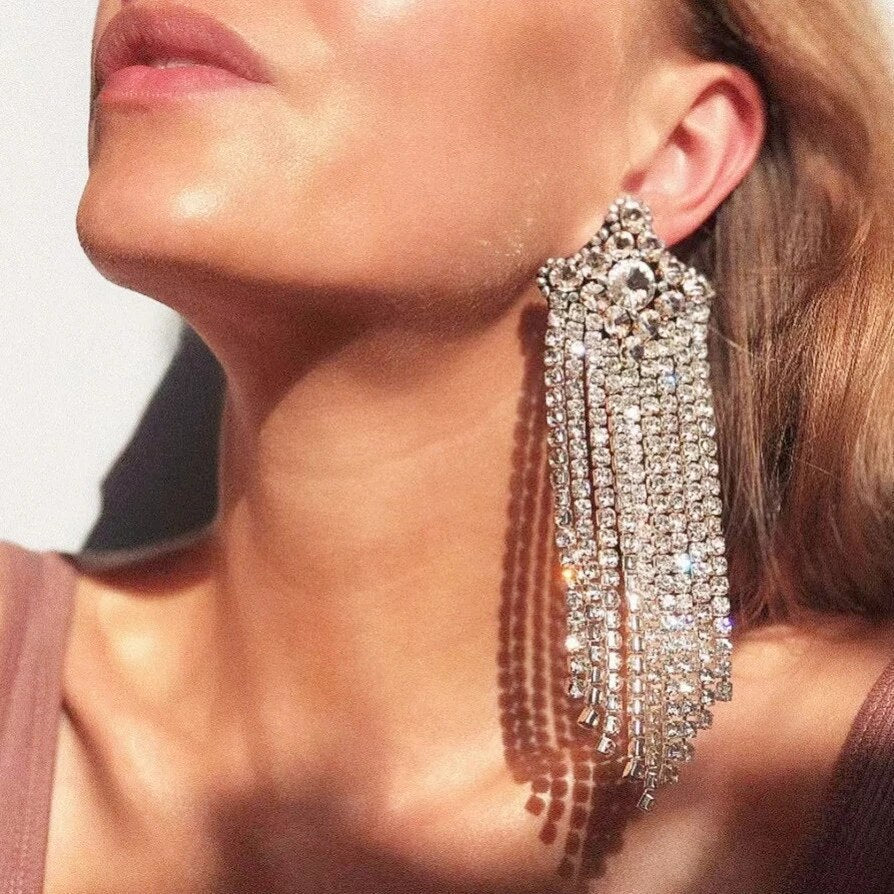 Oversized Rhinestone Sparkling Crystal Long Tassel Earrings