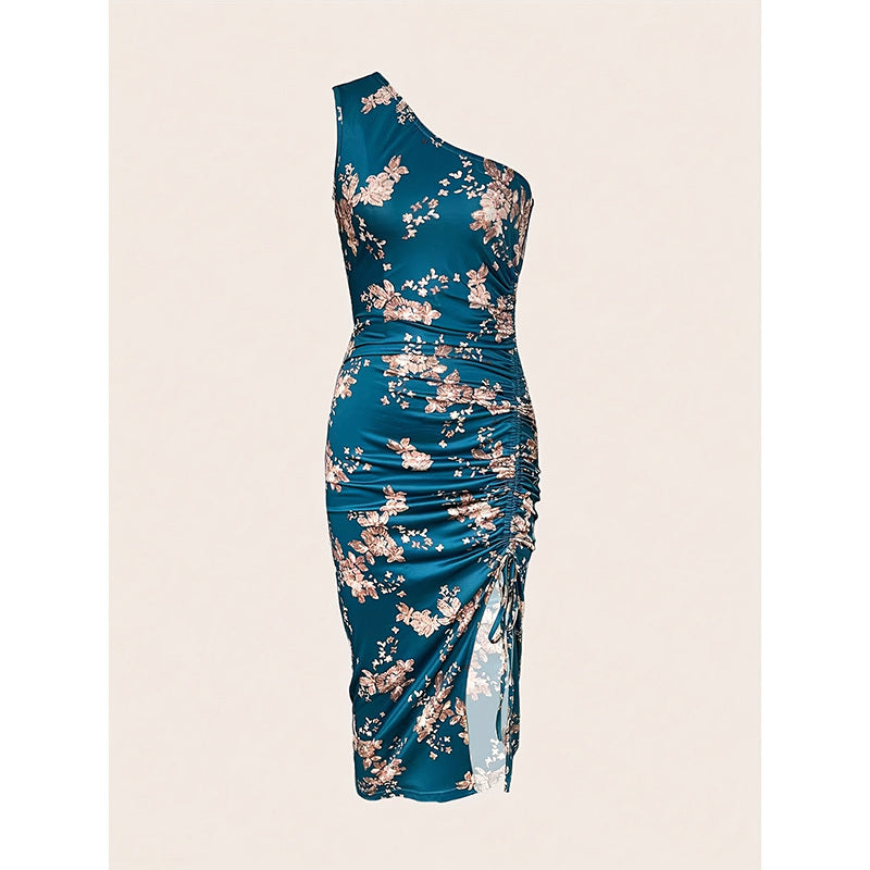 Ruched Floral Print One Shoulder Bodycon High Slit Maxi Dress