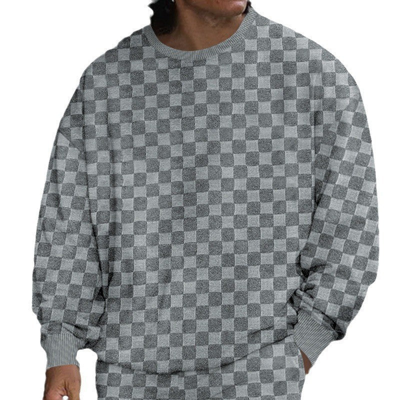Men's Jacquard Checker Plaid Print Knitted Long Sleeve T-Shirt