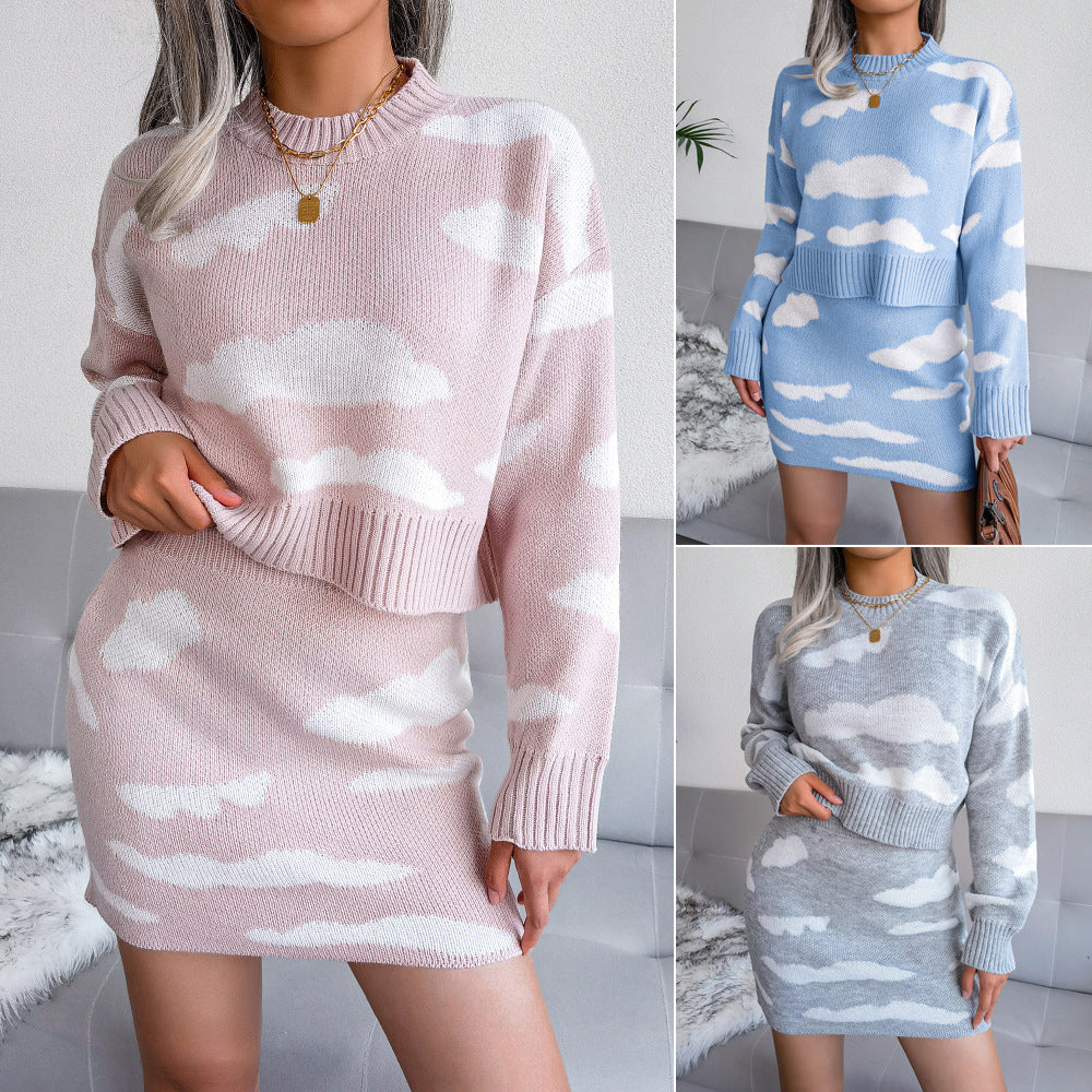 White Cloud Print Knitted Long Sleeve Sweater + Mini Skirt Women's 2-Piece Set