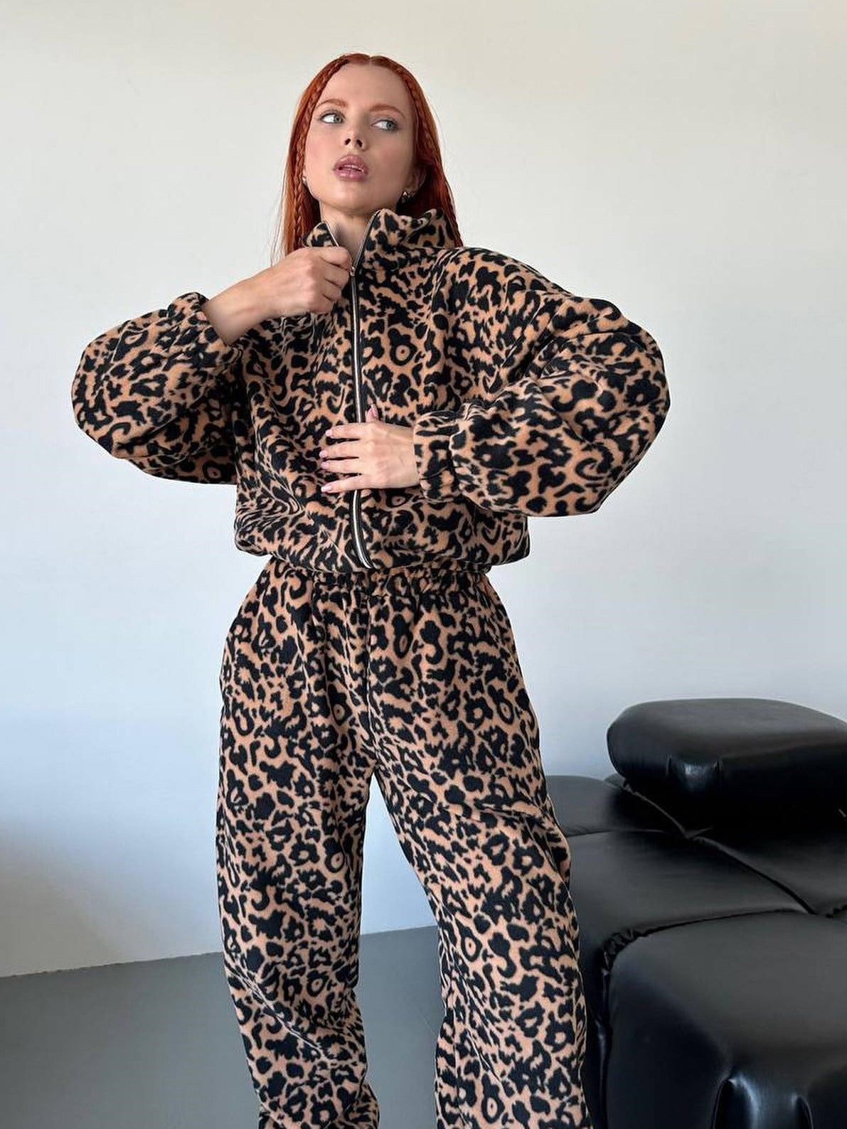 Leopard Print Long Sleeve Women's Zipper Sports Jacket + Matching Sweatpants Tracksuit Suit