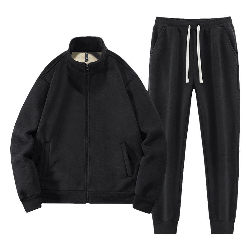 Men's Mandarin Collar Solid Color Fleece Hoodie Zipper Jacket + Drawstring Sweatpants Tracksuit w/ Belt Bag