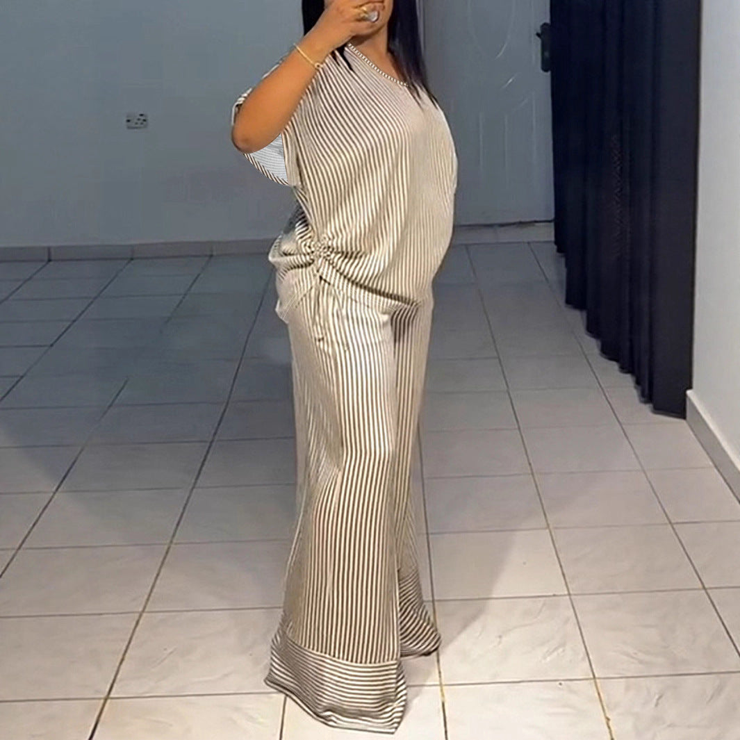 Loose Striped Drawstring V-Neck Short Sleeve Top  & Wide Leg Pants 2-Piece Set to 4X Plus Size