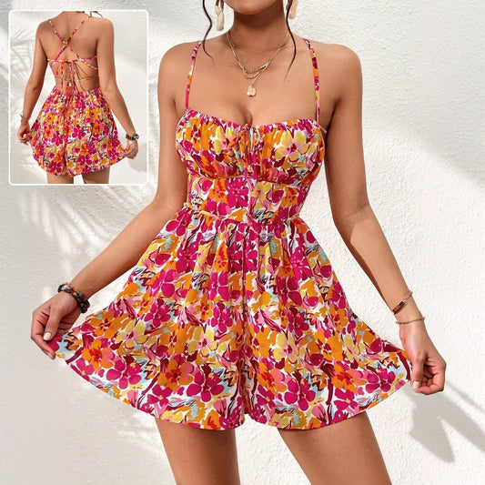 Floral Print Ruched Camisole Lace-Up Back Spaghetti Strap Mini Dress