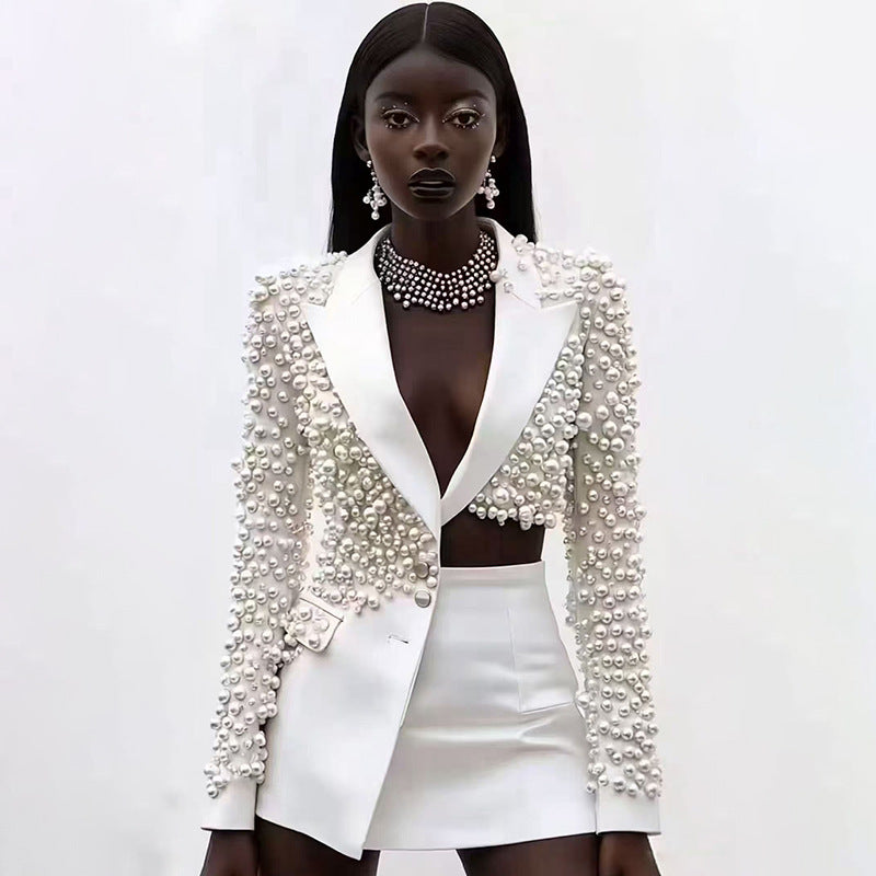 Irregular Hot Drill Pearl Embellished High/Low Deep V-Neck Beaded Blazer Jacket + Mini Skirt Women's Suit