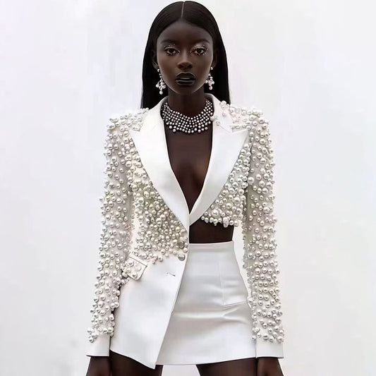 Irregular Hot Drill Pearl Embellished High/Low Deep V-Neck Beaded Blazer Jacket + Mini Skirt Women's Suit