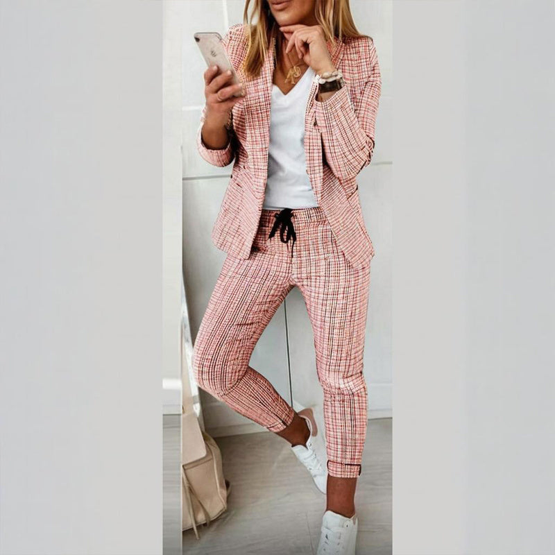 Plaid Single Breasted Blazer Jacket & Drawstring Women's Pants Business Casual Suit