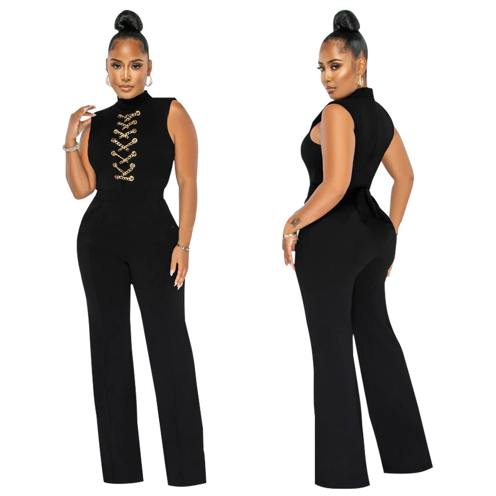 CrissCross Women's Solid Color Sleeveless Stand Collar Round Neck Jumpsuit