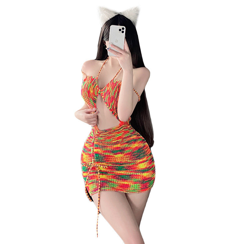 Crochet Knitted Geometric Rainbow Color Backless Hollow-Out Mini Sweater Dress