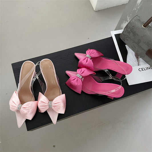 Pink/Rose Red Rhinestone Bowknot Design Women's Stiletto Pointed Open Toe Spiked Heel Sandal Pumps