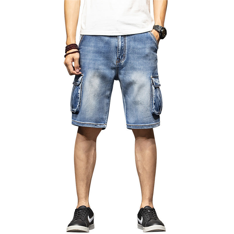 Men's Denim Washed 5-Point Multi-Pocket Cargo Jean Shorts