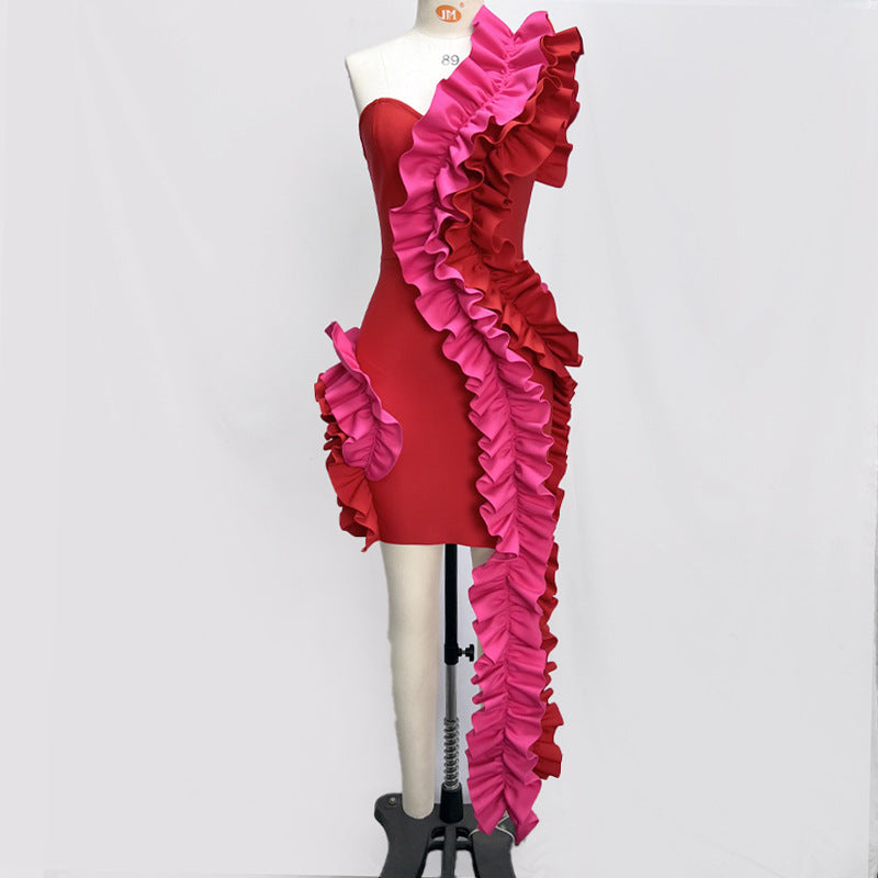 Sleeveless Rose Red One Shoulder Asymmetrical Bandage Flower Embroidered Maxi Train Design Formal Mini Dress