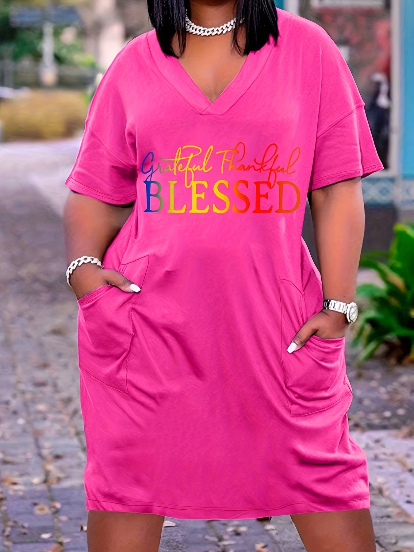 "Grateful Thankful Blessed" Gradient Letter Print Oversized Pocketed T-Shirt Dress to 8X Plus Size