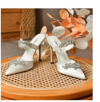 French Crystal Butterfly Rhinestone Strap Pointed Toe Stiletto Heel Mule Pumps