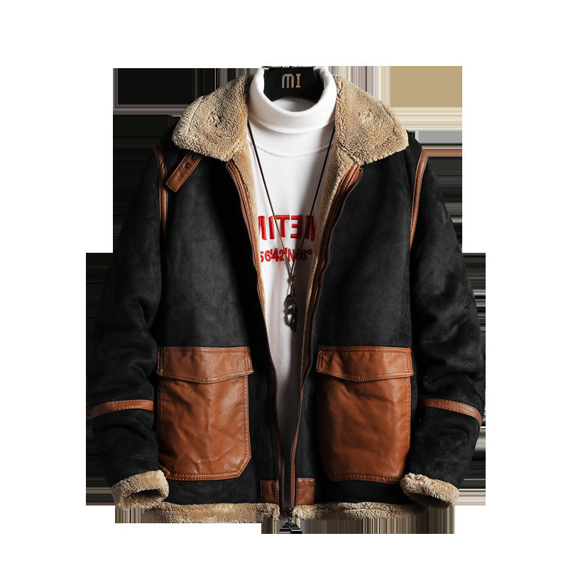 Men's PU Leather Colorblock Velvet Fleece Lined Jacket