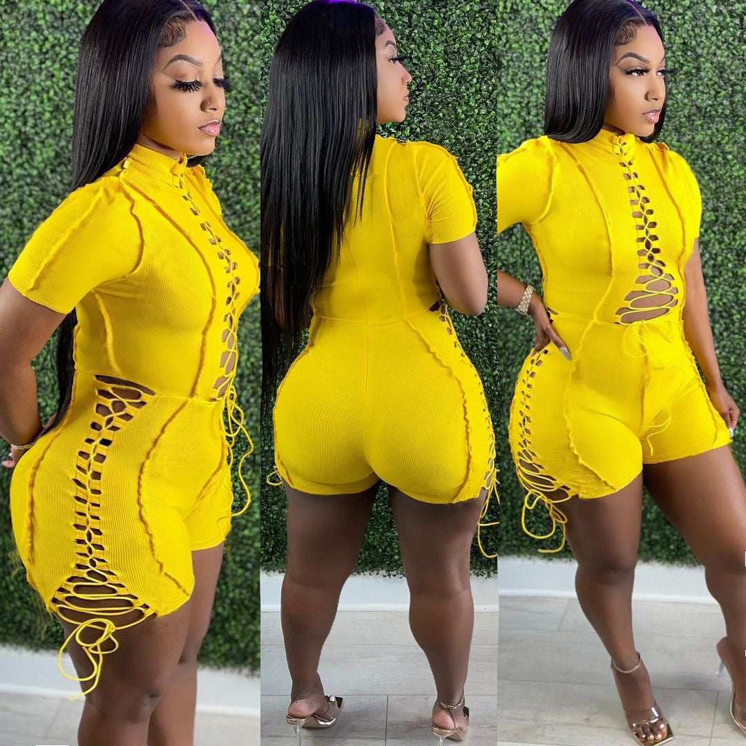 Lace-Up Criss-Cross Trim Side Striped Women's Short Sleeve Top + Shorts 2-Piece Set to 5X Plus Size