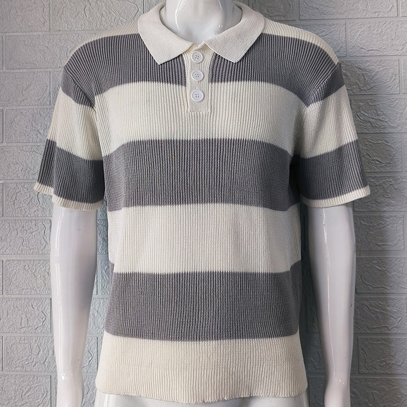 Men's Ribbed Knitted Striped Short Sleeve Turn-Down Collar Sweater Polo Shirt