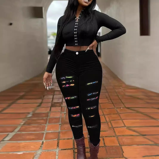 Denim Black Women's Hollow-Out Patch Hole Design Skinny Jeans to 4X Plus Size