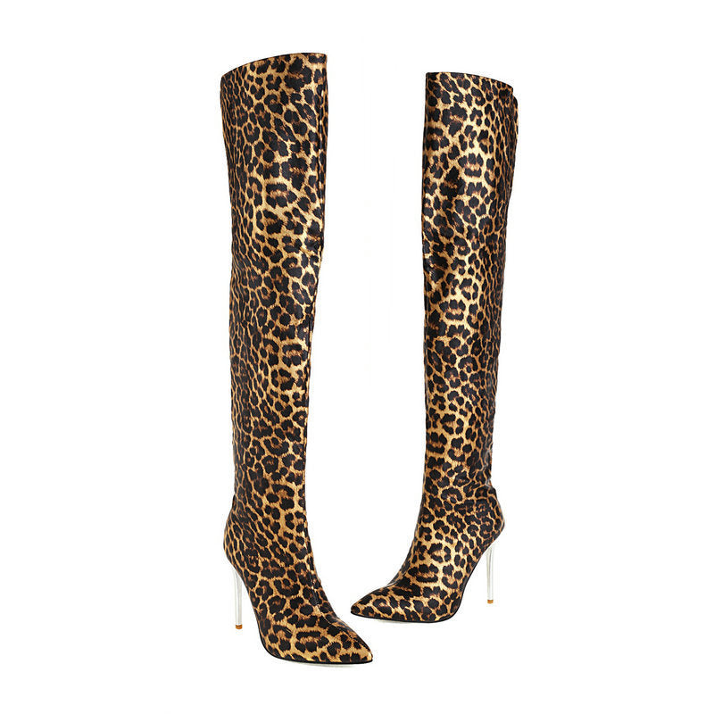 Solid/Leopard Women's Bright Leather Pointed Toe Metal Stiletto Heel Over-the-Knee Boots