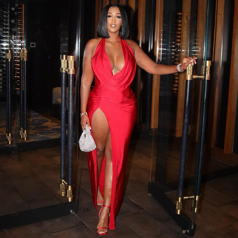 Deep Plunge Solid Color Halter Neckline Backless Temperament High Slit Maxi Dress