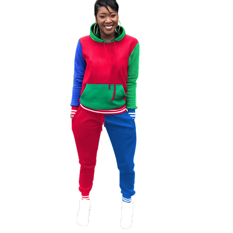 Colorblock Red/Blue/Green Women's Casual Sports Hoodie Sweatshirt + 2-Tone Jogger Sweatpants 2-Piece Tracksuit