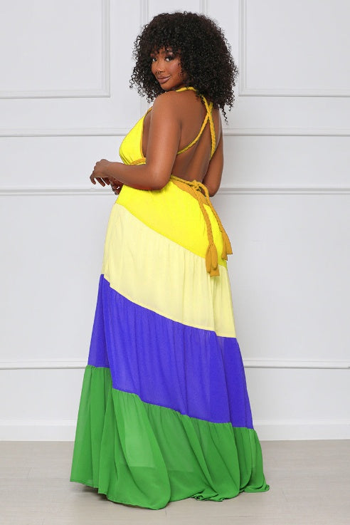 Chiffon Diagonal Colorblock Striped Print Spaghetti Strap V-Neck Maxi Sundress