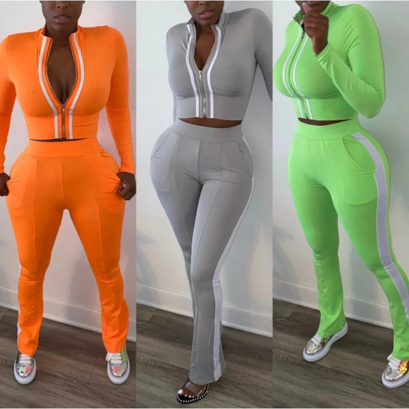 Skinny Side Striped Women's Zipper Sports Jacket + Skinny Sweatpants Tracksuit