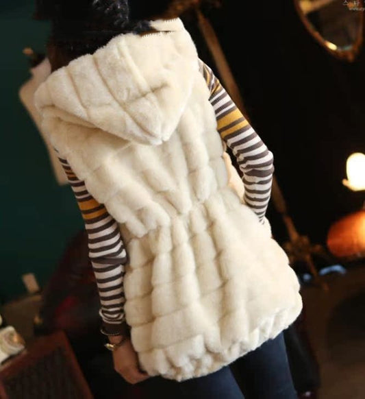 Faux Fur Ribbed Solid Color Women's Winter Hoodie Vest to 3X Plus Size